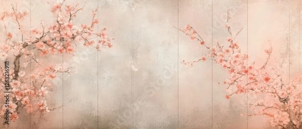 Fototapeta Vintage Japanese folding screen patterns with faded sakura details, soft watercolor washes, nostalgic beauty