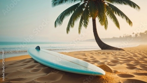 Fototapeta Surfboard lying on a golden beach, beneath the shade of a palm tree, ready for a surfing adventure.