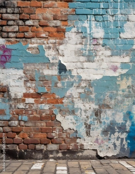 Fototapeta A textured brick wall with peeling paint and faint graffiti, creating an urban and edgy background perfect for modern and industrial designs.