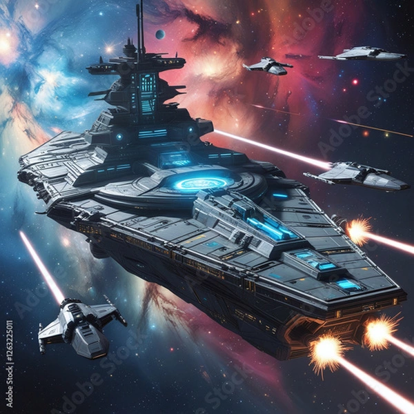 Fototapeta Epic Space Battle with Futuristic Warships and Starfighters in a Galactic War Scene, Generated with AI