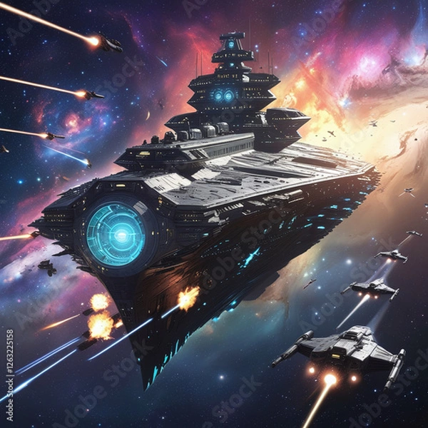 Fototapeta Epic Space Battle with Futuristic Warships and Starfighters in a Galactic War Scene, Generated with AI