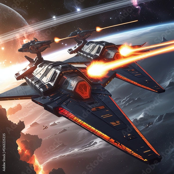 Fototapeta Epic Space Battle with Futuristic Warships and Starfighters in a Galactic War Scene, Generated with AI
