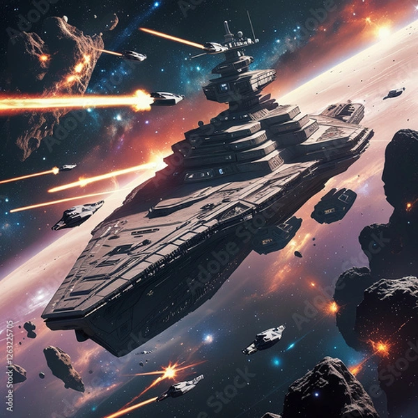 Fototapeta Epic Space Battle with Futuristic Warships and Starfighters in a Galactic War Scene, Generated with AI