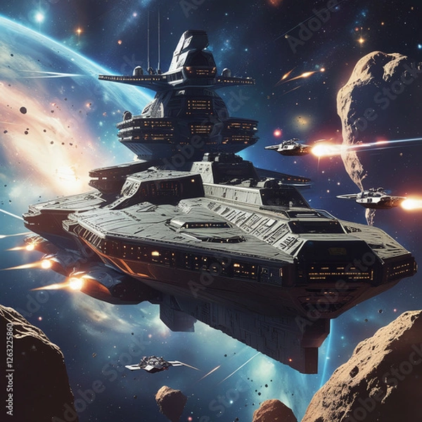 Fototapeta Epic Space Battle with Futuristic Warships and Starfighters in a Galactic War Scene, Generated with AI