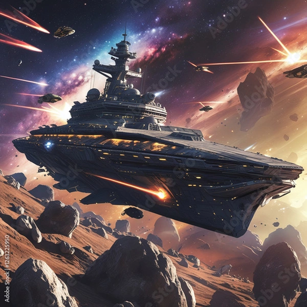 Fototapeta Epic Space Battle with Futuristic Warships and Starfighters in a Galactic War Scene, Generated with AI