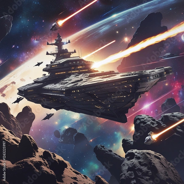 Fototapeta Epic Space Battle with Futuristic Warships and Starfighters in a Galactic War Scene, Generated with AI