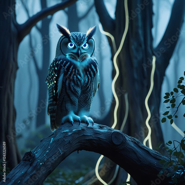 Fototapeta Magical Deer in Enchanted Forest with Glowing Lights at Night – Fantasy Wildlife Scene, Generated with AI