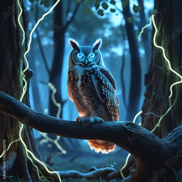 Fototapeta Magical Deer in Enchanted Forest with Glowing Lights at Night – Fantasy Wildlife Scene, Generated with AI