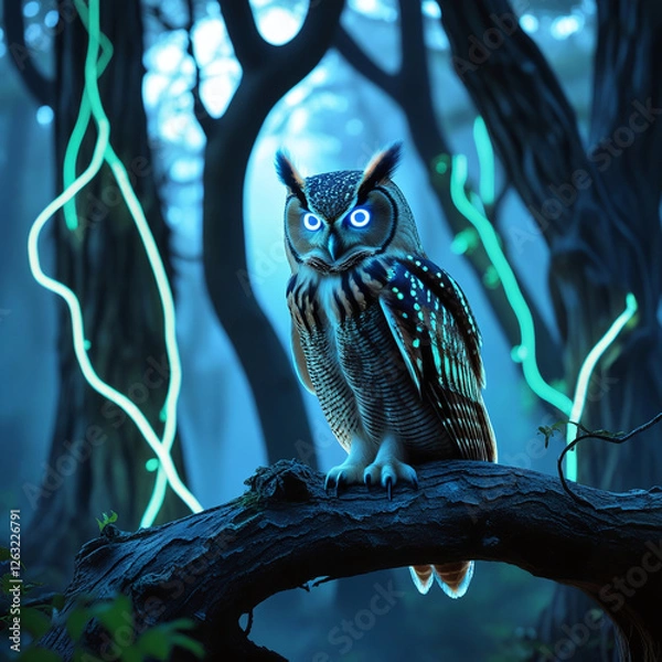 Fototapeta Magical Deer in Enchanted Forest with Glowing Lights at Night – Fantasy Wildlife Scene, Generated with AI