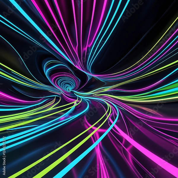Fototapeta Futuristic Neon Light Tunnel with Abstract Geometric Lines – Digital Cyberpunk Background, Generated with AI