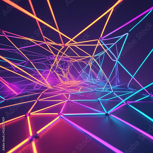 Fototapeta Futuristic Neon Light Tunnel with Abstract Geometric Lines – Digital Cyberpunk Background, Generated with AI
