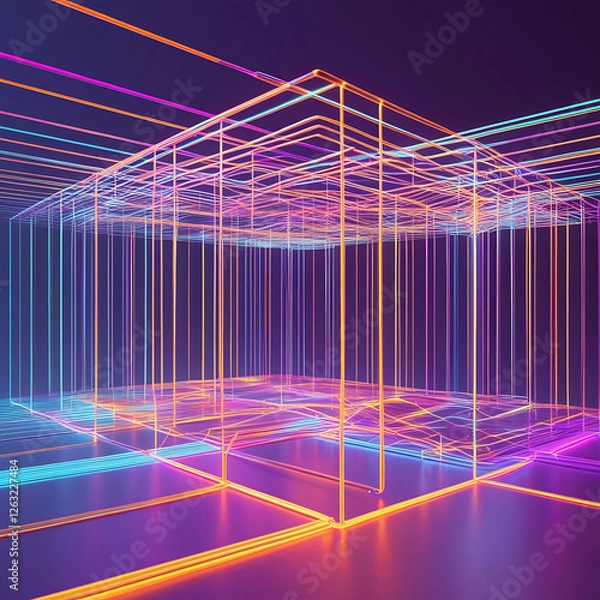 Fototapeta Futuristic Neon Light Tunnel with Abstract Geometric Lines – Digital Cyberpunk Background, Generated with AI