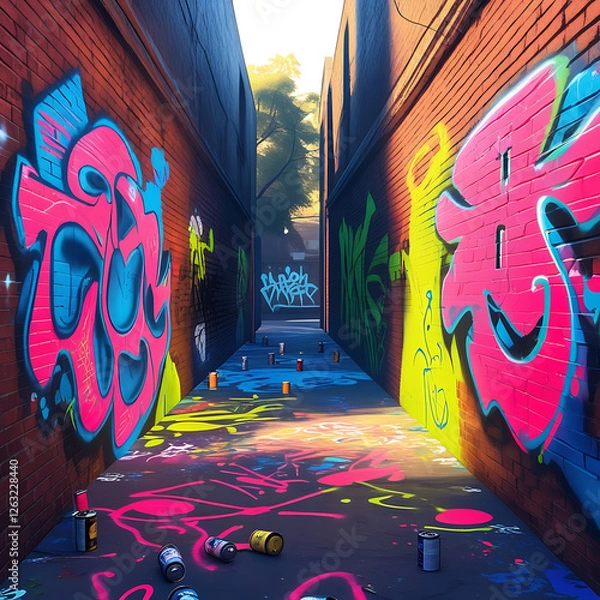 Fototapeta Vibrant Street Art Mural of Futuristic Cityscape – Urban Wall Graffiti Design, Generated with AI