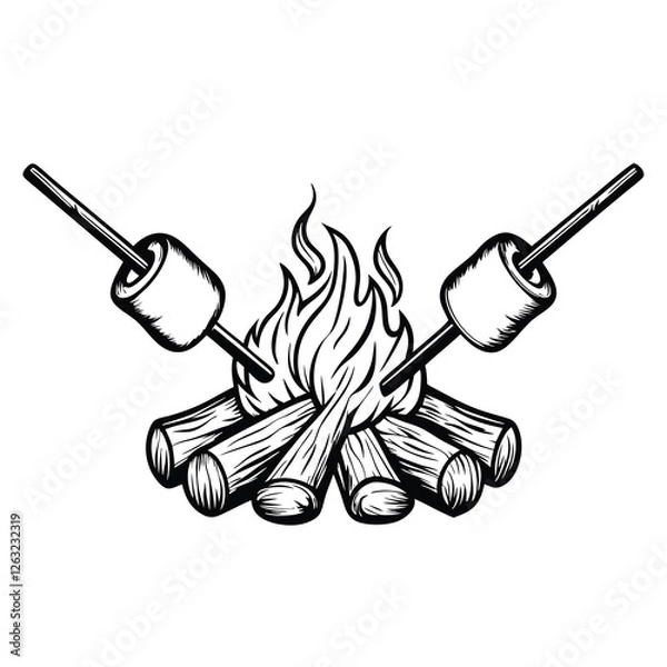 Obraz Create a vector illustration of a campfire with a pot of marshmallows cooking above it, ready for editing with adjustable stroke weight.