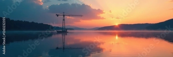 Fototapeta Long shadow of crane stretches across calm lake surface at dusk, crane, serenity, nature