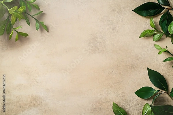 Fototapeta Minimalist natural background with textured beige plaster and fresh green leaves framing the edges. The organic, earthy composition creates a calm and refreshing aesthetic, ideal for eco-friendly