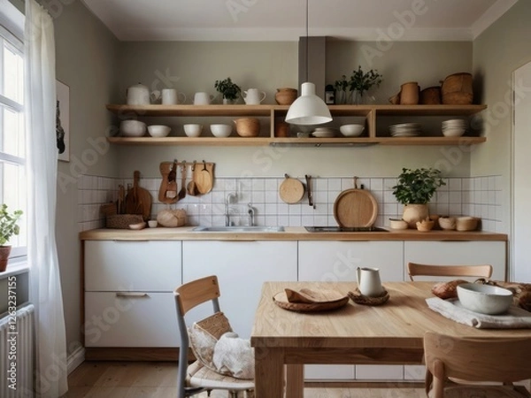 Fototapeta Light Kitchen With Wooden Accents And White Cabinets