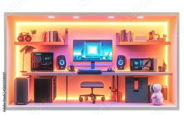 Fototapeta 3D icon cartoon of a gamers small apartment cutaway with RGB lighting, gaming PC setup, and modern furniture, isolated on a white background