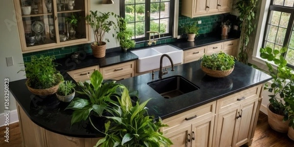 Fototapeta Kitchen Island with Dark Countertop and Abundant Plants