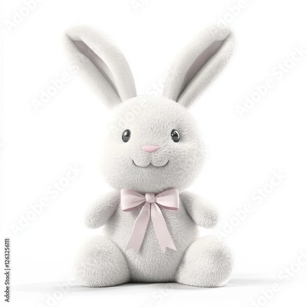 Fototapeta White Bunny Plush Toy with ribbon, isolated on white