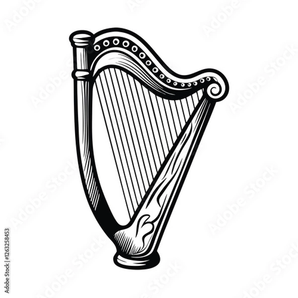 Obraz Create a detailed vector illustration of a harp featuring intricate detailing, with editable strokes for easy modification.  Include Celtic knotwork.