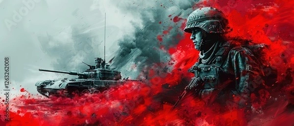 Obraz drawing of A soldier in a helmet and a tank