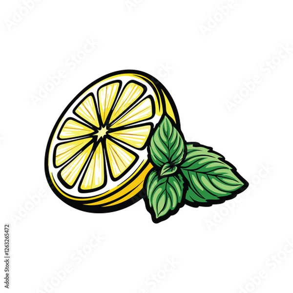 Obraz Create a vibrant, editable vector illustration of a lemon slice with fresh mint leaves, ideal for beverage or food designs.  High-resolution, clean lines.