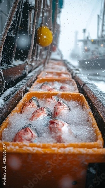 Obraz Freshly caught fish are being loaded into the freezing compartments of a fishing trawler. Snow falls around the trawler, emphasizing the cold conditions of the fishing process.