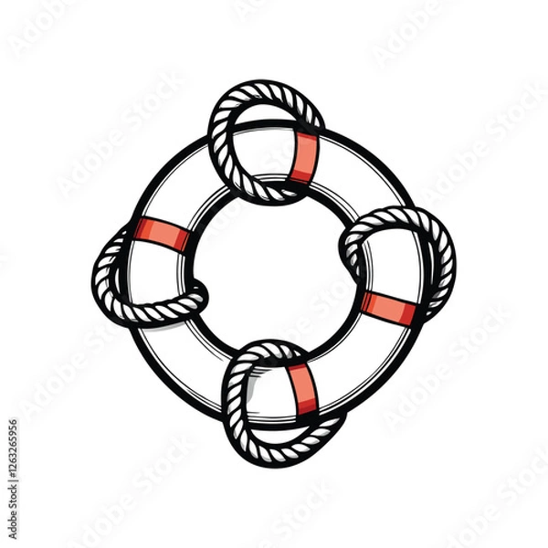 Obraz Create a detailed, editable stroke vector graphic of a lifebuoy with realistically rendered ropes, suitable for various design applications.
