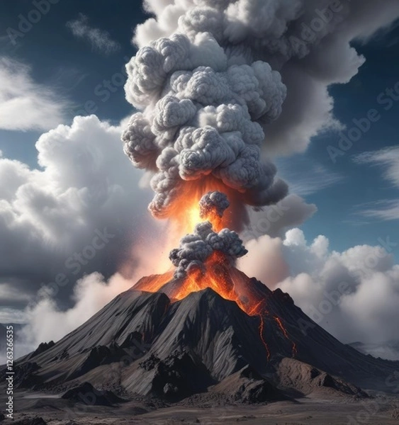 Fototapeta Volcanic fumes and ash suspended in the air as white clouds form around an active volcanic vent, eruption,