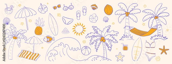 Fototapeta Vector set of tropical summer hand drawn elements for social media and web design Vector set of tropical summer hand drawn elements for social media and web design.
