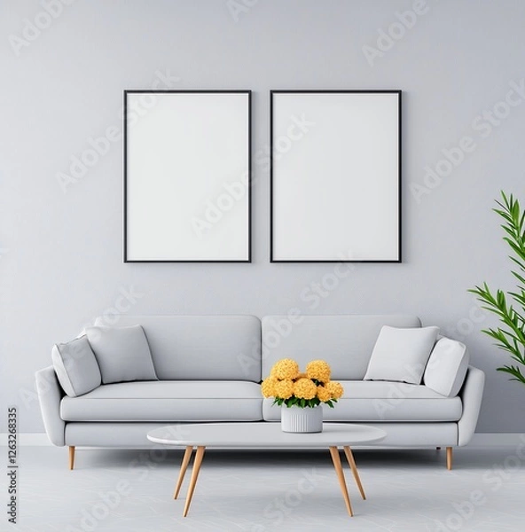 Fototapeta Modern Minimalist Living Room with Grey Sofa and Blank Frames