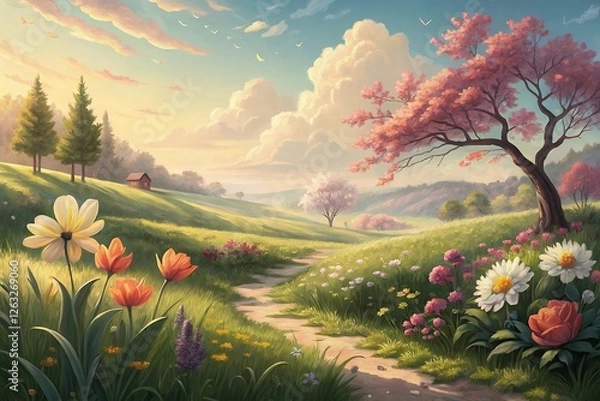 Fototapeta spring landscape with blooming trees over a peaceful serene lake district lake surrounded Landscape royalty