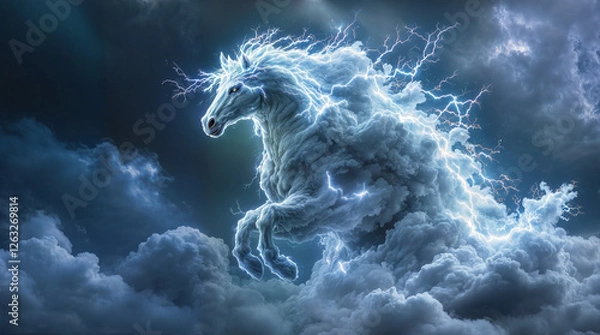 Fototapeta A powerful horse formed entirely from swirling storm clouds, lightning crackling through its mane, standing tall against a darkened sky, embodying raw energy and nature’s fury.