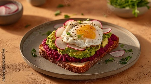 Fototapeta A gourmet avocado toast plated with a smear of beet hummus, layered with radish and a poached egg, styled against a warm terracotta backdrop