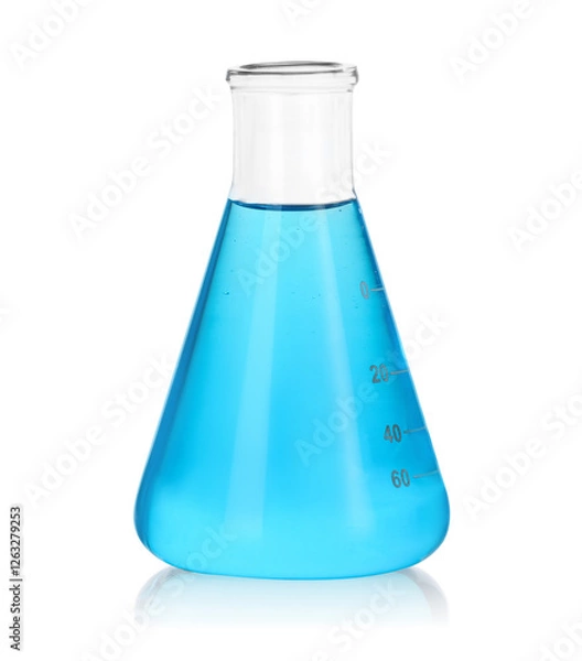 Fototapeta Conical flask with blue liquid isolated on white