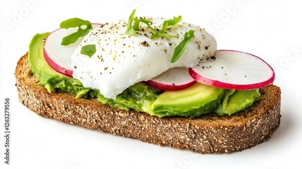 Fototapeta A perfectly arranged avocado toast with thinly sliced radish and a poached egg, served on sourdough bread, isolated on a clean white background