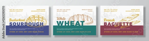 Fototapeta Bread Vector Packaging Design Label Backgrounds Set. Bakery Food Product Banner, Hand Drawn Wheat Loaf, Baguette, Sourdough Sketch Silhouette Color Paper Banner Layouts Isolated
