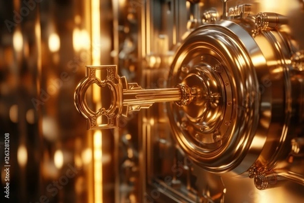 Fototapeta Luxurious golden key unlocking futuristic technology in modern architecture. Generative AI