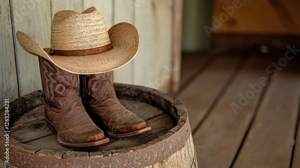 Fototapeta Rustic cowboy hat and boots on a barrel old western scene country style indoor close-up heritage vibes