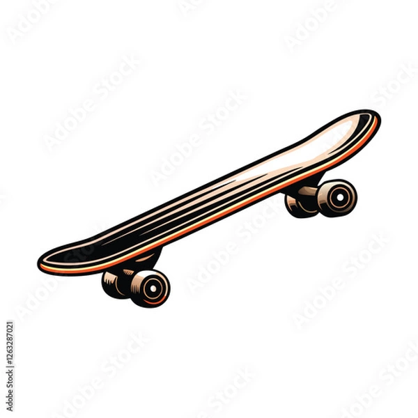 Obraz Create a clean, editable stroke vector illustration of a realistic skateboard with clearly defined wheels.  Include details like trucks and grip tape.
