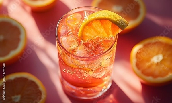 Fototapeta Refreshing citrus drink with ice, garnished with orange slice on a vibrant pink backdrop