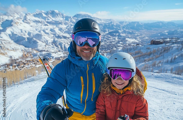 Fototapeta Family enjoys a thrilling ski day on the slopes with stunning mountain views in winter sunshine