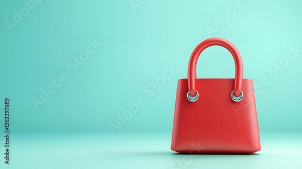 Fototapeta stylish red handbag with smooth texture and round handles, set against soft turquoise background, exuding modern and chic vibe