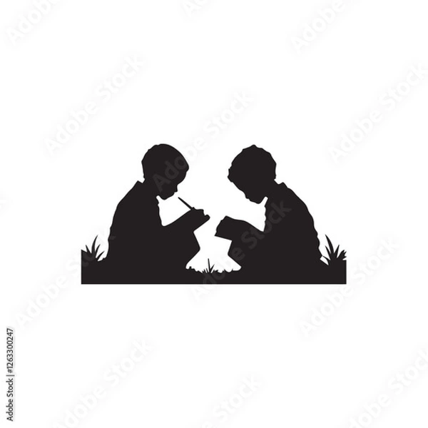 Fototapeta Silhouette of two children studying and writing outdoors, black vector illustration on white background