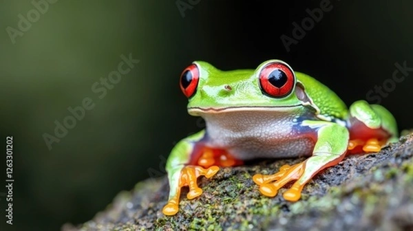 Fototapeta Red-eyed Tree Frog on Log, Rainforest Background, Wildlife Close-up
