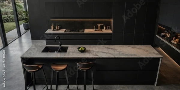 Fototapeta Modern Dark Kitchen Island With Marble Countertop And Stools