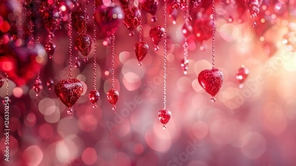 Fototapeta Elegant Red Glitter Heart Decorations Hanging with Bokeh Light for Valentine's Day