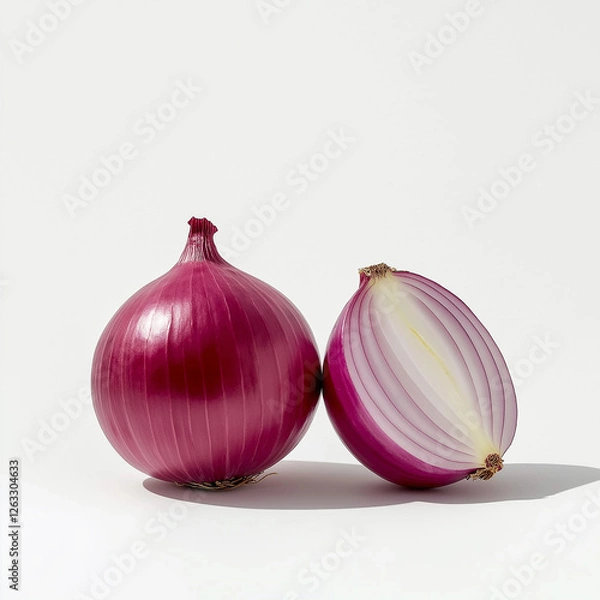 Fototapeta Whole and halved red onion showing concentric rings on white background