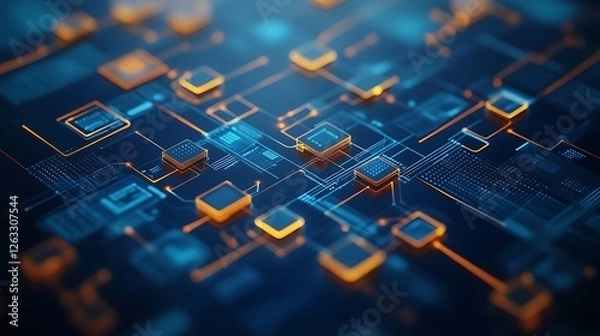 Fototapeta Abstract digital circuit board with glowing orange and blue nodes.